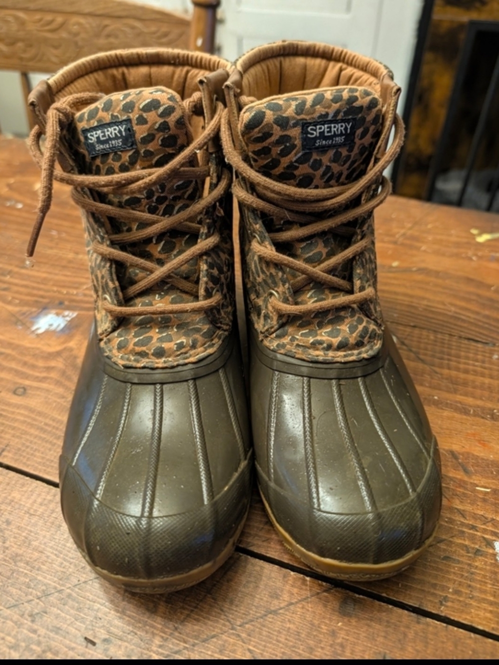 Sperry Kids Brown Leopard-Accent Duck Boots